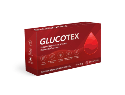 Die Glucotex-Packung von vorn: rote Schachtel mit der Aufschrift GLUCOTEX, 39,36 g und 60 Kapseln, ausgewiesen als Nahrungsergänzungsmittel